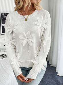 Chiquease 女士纯色落肩长袖3D立体花卉贴花套头毛衣，秋冬针织套头衫