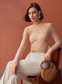 MOTF PREMIUM 花卉图案透明 T 恤 - 卡其色 - 查看 4