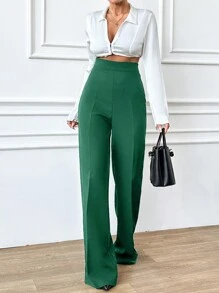 EURMUSE Women's Solid Color Elegant Office Wear Straight-Leg High-Waisted Toothpick Pants - Dark Green - View 5