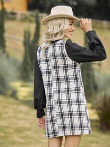 LanaWest Vestido curto casual feminino liso patchwork gola redonda manga comprida - Preto e Branco - Ver 2