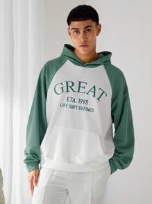 Manfinity VCAY 宽松字母刺绣插肩袖拼布连帽运动衫，外出长袖连帽衫，适合朋友、丈夫、男朋友的礼物，适合秋冬