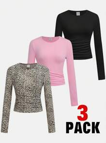 SHEIN Girlism 少女 1 送 2 3 件/套，针织纯色针织豹纹，休闲，圆领褶皱长袖 T 恤 3 件/套 - 彩色 - 查看 1