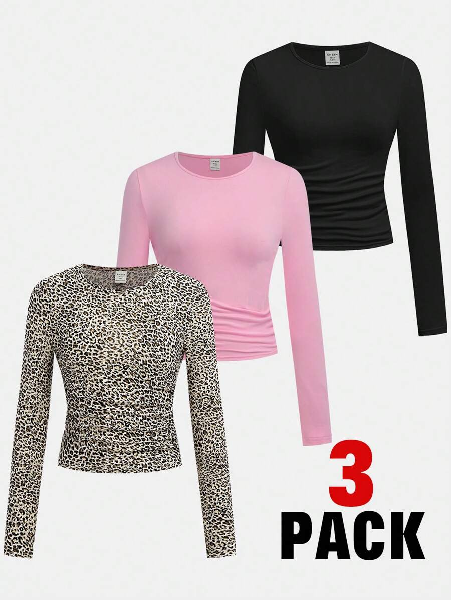 SHEIN Girlism 少女 1 送 2 3 件/套,针织纯色针织豹纹,休闲,圆领褶皱长袖 T 恤 3 件/套 - 彩色 - 查看 1