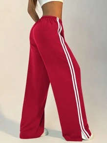 Women's Casual Striped Front Tie Sports Sweatpants, Autumn For New Year Clothes - Red - View 8