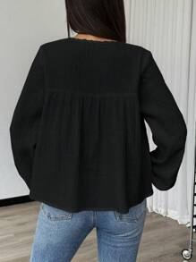 EMERY ROSE Áo sơ mi buộc dây phía trước màu trơn thường ngày cho nữ, mùa thu - màu đen - Xem 2