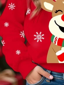 SHEIN Sudadera holgada de cuello redondo, cómoda y de punto para uso diario con estampado navideño de ciervos, árbol de Navidad y copos de nieve, apropiada para otoño/invierno, para niñas preadolescentes