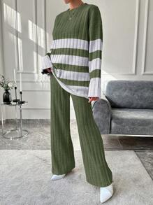 EURMUSE 2 pièces Ensemble tricoté femme, Top à manches longues à imprimé côtelé et pantalon unicolore - Multicolore - Voir 4