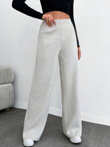 SHEIN Tall Solid High Waist Straight Leg Sweater Pants - Apricot - View 5