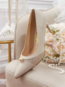 CUCCOO HITCHD Pointed Toe Slender High Heel Apricot Color Splice Faux Pearl Decor Ladies' Pumps Valentine's Day - Apricot - View 6