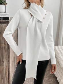 SHEIN Clasi Women's Solid Color Casual Sweater With Scarf Knit Pullover Fall Winter - White - View 4