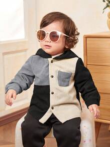 SHEIN 男婴休闲校园风格彩色连帽套头灯芯绒衬衫 - 黑與白 - 查看 11