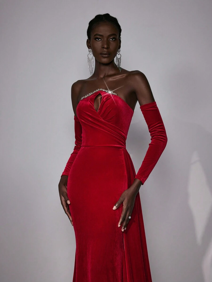 Elitara Gaun Elegan Lengan Panjang Tanpa Bahu, Gaun Malam Ekor Ikan Asimetris Rantai Rhinestone Mewah untuk Prom, Tamu Pernikahan & Jamuan Formal - Merah - View 1