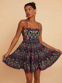 Travachic 女士梭织印花吊带背心迷你连衣裙 - 黑色 - 查看 1