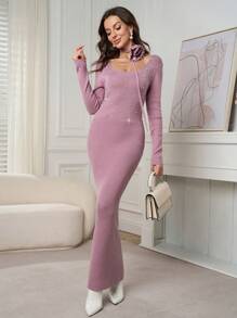 Modelyn Women Rhinestone Decorated Round Neck Long Sleeve Casual Sweater Dress - Pink - View 5