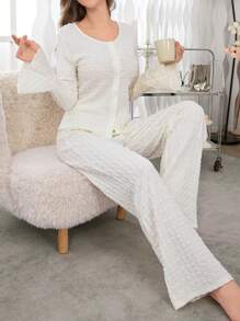 Solid Color V-Neck Jacquard Open Front Long Sleeve & Long Pants Pajama Set - Apricot - View 6