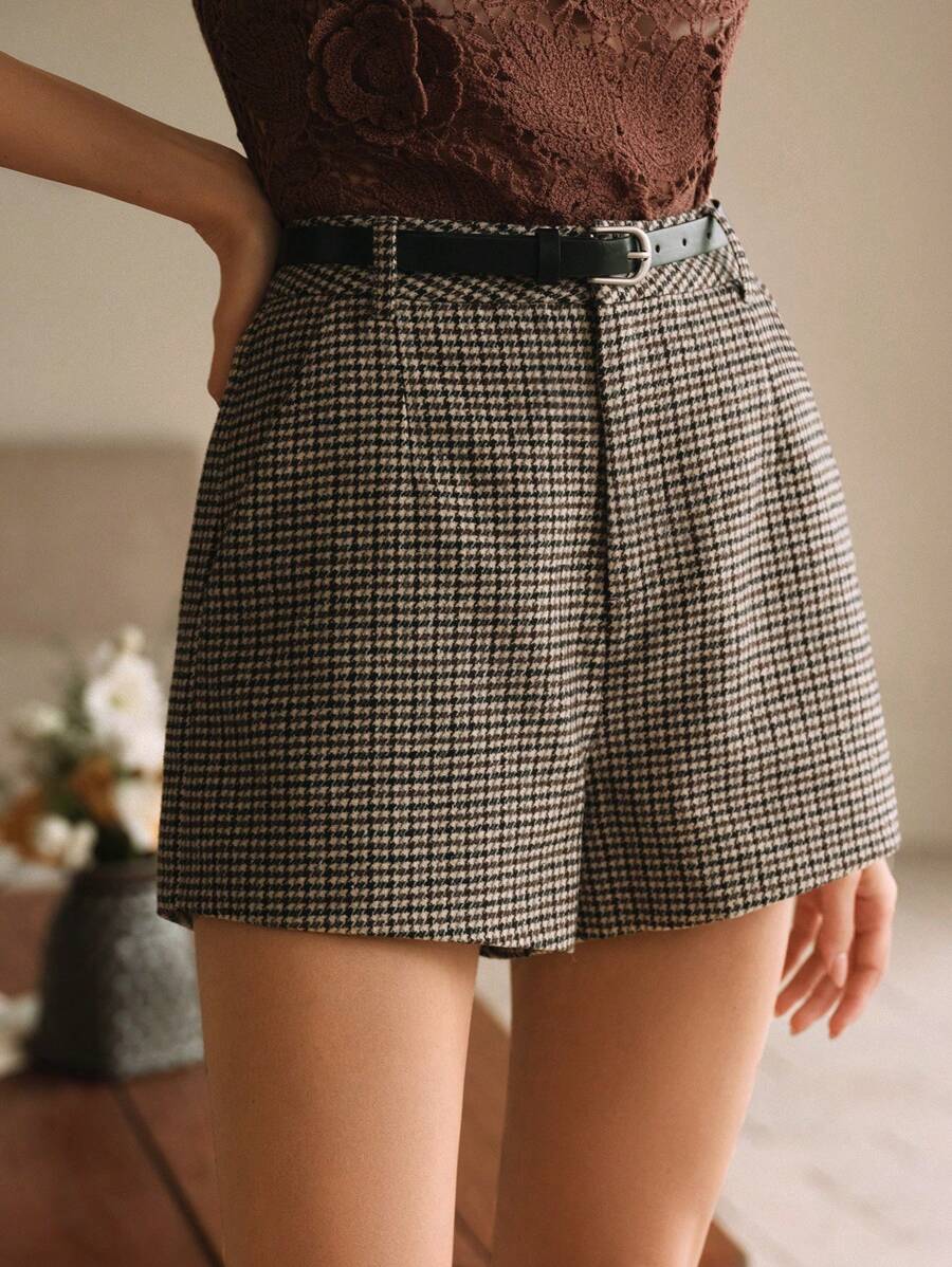 Anewsta 女士优雅现代时尚千鸟格短裤，适合冬季通勤 - 杏色 - 查看 1