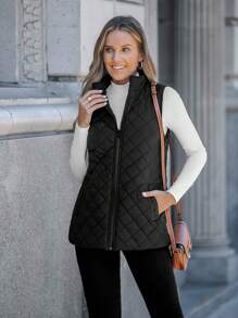 SHEIN LUNE Zip Up Sleeveless Quilted Coat - Black - View 5