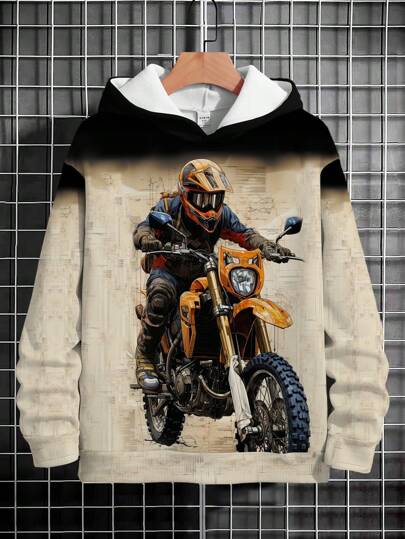 Tween Boy Hooded Sweatshirt, Gradient Colorful Motocross & Street Graphic Print, Comfortable And Casual Chic Outfits For Autumn/Winter