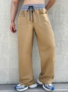 Manfinity Homme Quần ống đứng cạp chun vá lưng đôi mới cho nam, quần dài màu kaki có dây rút, dành cho chồng, quà tặng bạn trai - Màu Khaki - Xem 3