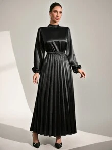 SHEIN Cottnline Women Plain Collarless Long Sleeve Simple Long Dress - Black - View 7