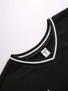 SHEIN 青少年男孩纯色拼布长袖数字印花简约运动衫和裤子套装 - 黑色 - 查看 5