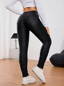 Casual Sexy Mid-Waist Slim Fit Skinny Coated Stretchy Black Leggings Fall Cloth For Women