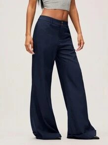 SHEIN BASICS بنطلون نسائي كاجوال ذو لون أحادي منسوج بساق واسعة - أزرق بحري - مشاهدة 5