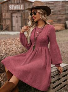 SHEIN VCAY Vestido de punto suelto casual de mujer con cintura ajustada y dobladillo acampanado, cuello redondo, adecuado para vacaciones, otoño/invierno
