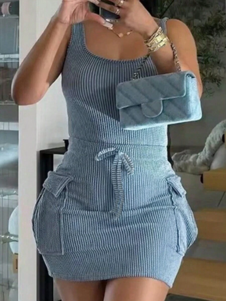 INAWLY 女士休闲系带前口袋迷你性感宽肩带连衣裙，适合俱乐部 - 藍色 - 查看 1