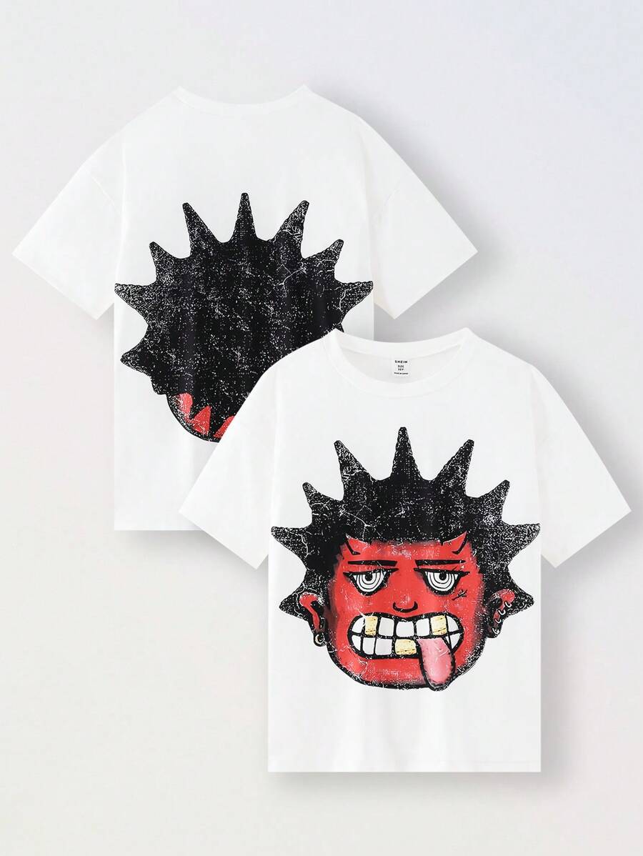 SHEIN Boys' Cartoon Portrait Reversible Graphic Tee - White - View 1
