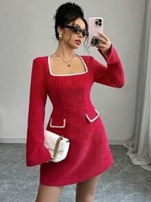 Chiquease 女士纯色拼布刺绣装饰休闲方领优雅连衣裙新年衣服