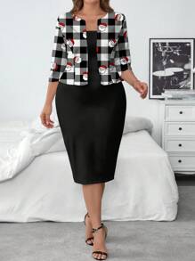 SHEIN Clasi Conjunto informal y simple de 2 piezas en talla grande, apropiado para otoño/invierno - Blanco y Negro - Ver 4