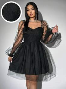Allurite Plus Size Valentine's Day Mesh & Contrast Lace Square Collar Plicated Mini Dress, With Heart, Rose, Polka Dot, Love, Lip, Cupid, Floral Details