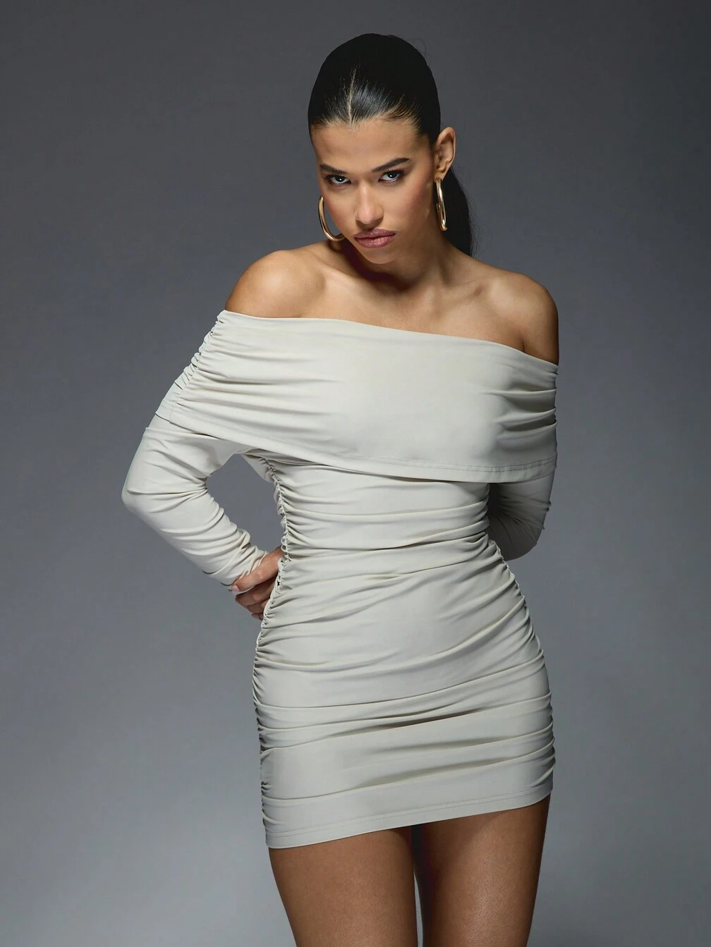 asymmetric bodycon dress long sleeve Asymmetric Cut Out Shoulder Ruched Drape Detail Mini Bodycon Dress In  Bright Blue | EGO US