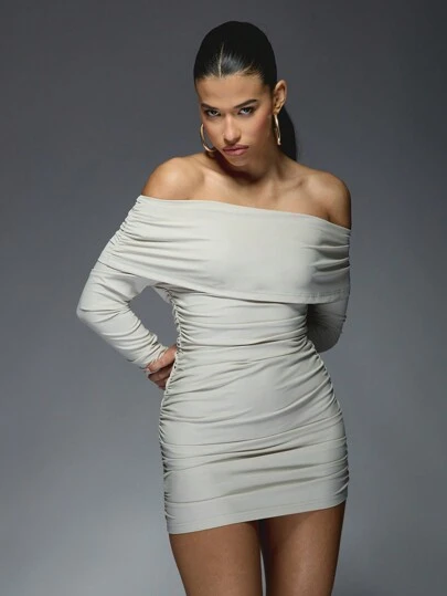 strapless open back dress Miss Circle Women's Lani Lace Off-Shoulder Ruched Mini Dress