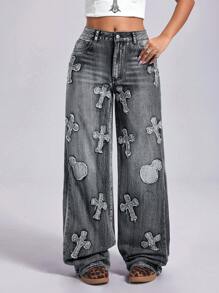 SHEIN ICON Blugi cu picior drept pentru femei, eleganti, casual, decorati cu broderie