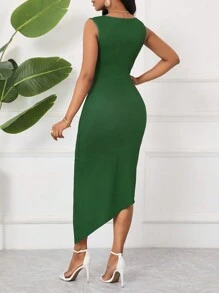 SHEIN Lady 植物印花拼布扭纹紧身节日连衣裙 - 綠色 - 查看 2