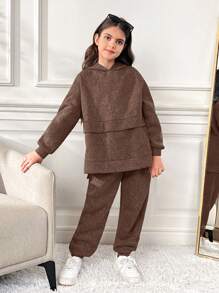 SHEIN Conjunto de 2 piezas de niña preadolescente con sudadera con capucha holgada y cómoda y pantalones