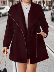 SHEIN LUNE Plus Size Women Solid Color Long Sleeve Zip-Up Casual Coat, Autumn/Winter
