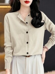 EMERY ROSE 1pc Button Front Long Sleeve Casual Solid Top, Daily Wear Fall Winter Cloth For Women - Apricot - View 5