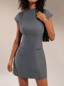 Forever 21 女士纯色圆领短袖简约休闲通勤迷你连衣裙 - 灰色 - 查看 5