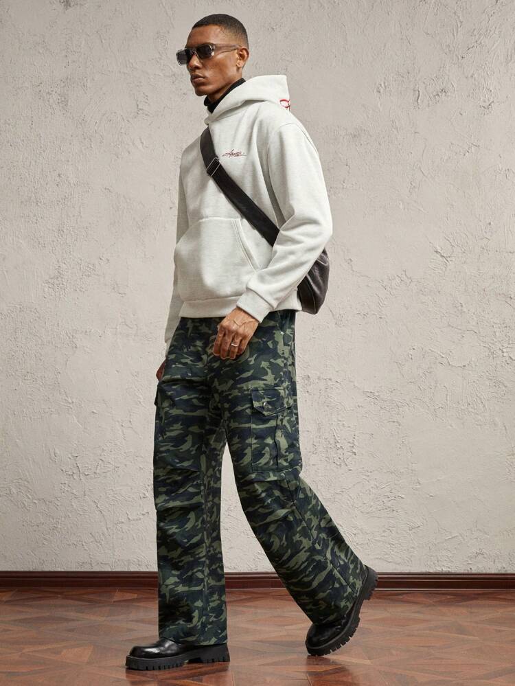 Men's Woven Camouflage Print Mid-Waist Straight Leg Casual Pants, Going Out Long Baggy Pants, Suitable For Autumn, Husband, Boyfriend Gifts