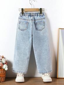 SHEIN Vintaside Kids Young Girl's复古百搭宽松舒适美拉德咖啡棕牛仔阔腿裤 - 淺色水洗藍 - 查看 2