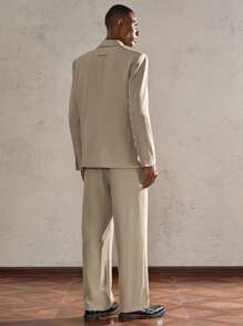 AKNOTIC Business Casual 2pcs/Set Men's Khaki Metal Button Slim Fit Woven Casual Fashion Suit Set, Suitable For Office, Daily Wear, And Parties - Khaki - View 7