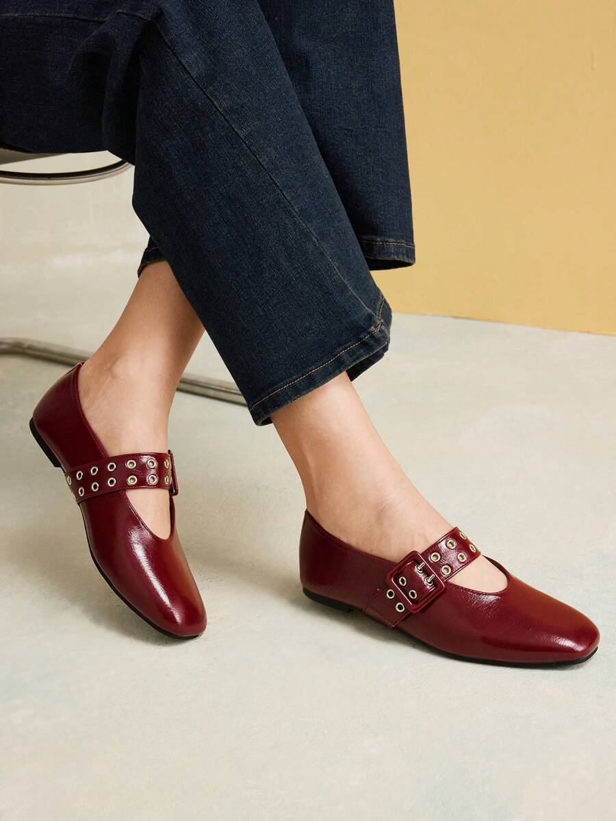 MOTF PREMIUM 女士新款法式复古高品质PU皮革石纹双排扣方头平底鞋，酒红色，百搭气质，优雅质感，轻便耐磨，舒适高级玛丽珍鞋 - 酒紅色 - 查看 2