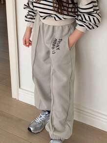 DAZY Tween Girl 字母印花口袋简约运动裤，日常休闲装 - 米色 - 查看 3