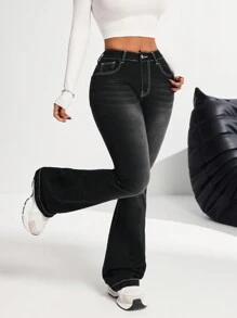 SHEIN PETITE Women's Sexy Stretchy Flare Jeans With Bowknot Detail, Black - Black - View 5