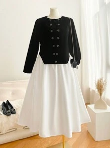 SHEIN Frenchy Elegancki żakiet i spódnica w dużym rozmiarze, 2 częściowy zestaw, jesień