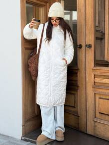 SHEIN EZwear Autumn/Winter All-Match Versatile Casual White Thermal Function Quilted Long Hooded Padded Coat