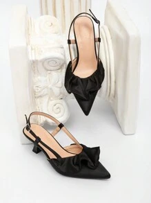 CUCCOO CHICEST Women's Black Elegant Ruffled Satin Pointed Toe Low Heel Hollow-Out Pumps Valentines